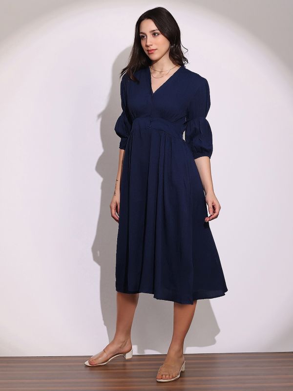 Globus Women Blue V-Neck Puff Sleeves Gathered Details Fit & Flare Midi Dress