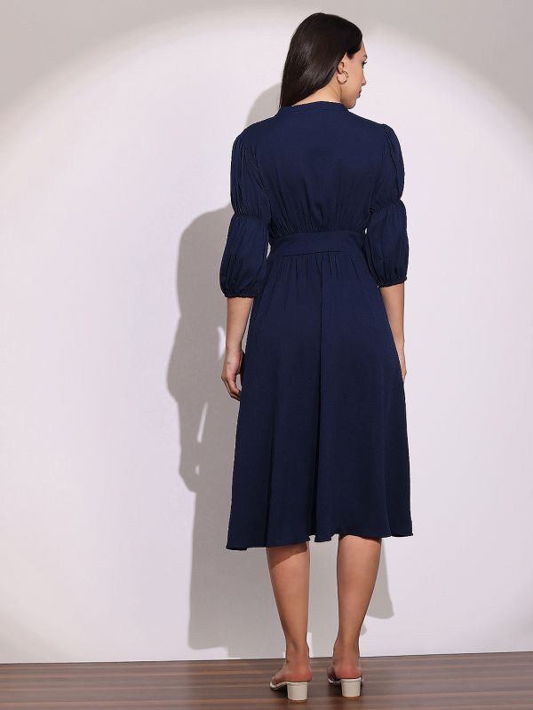 Globus Women Blue V-Neck Puff Sleeves Gathered Details Fit & Flare Midi Dress