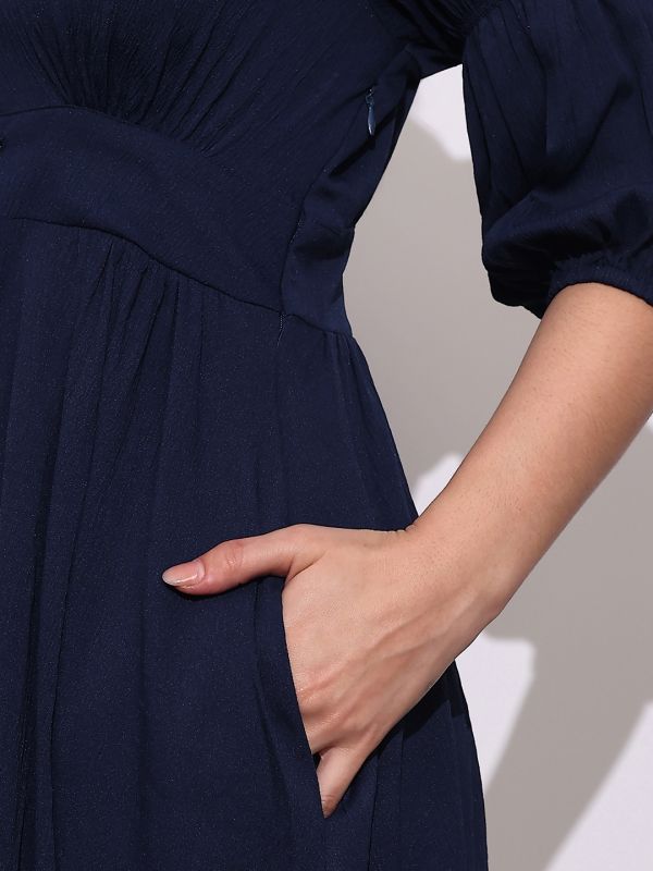 Globus Women Blue V-Neck Puff Sleeves Gathered Details Fit & Flare Midi Dress