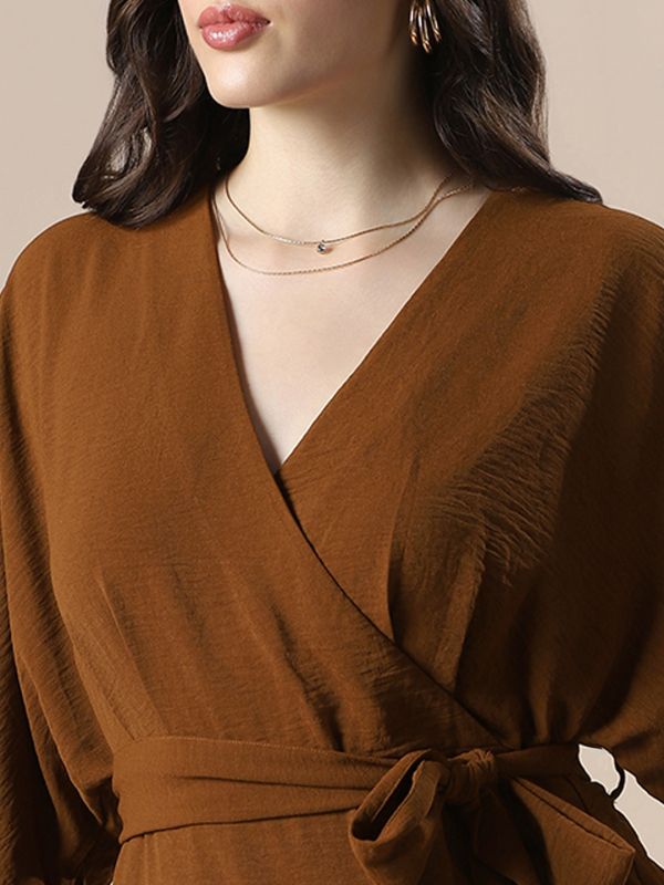 Globus Women Brown Wrap V-Neck Flares Sleeve Waist Tie-Up Mini Dress