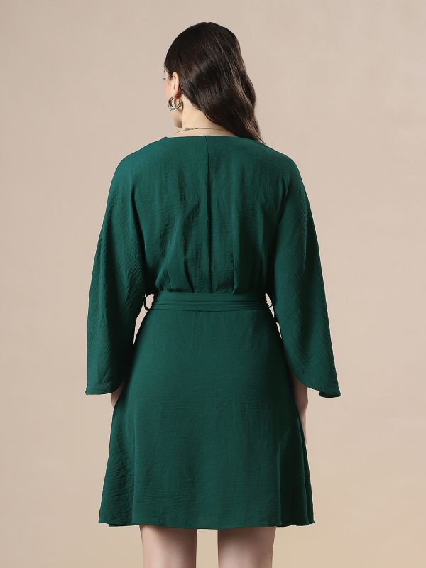 Globus Women Green Wrap V-Neck Extended Sleeves Self Design Mini Fit & Flare Dress With Belt
