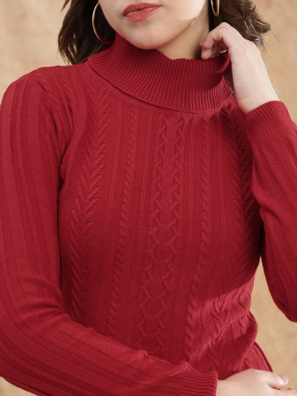 Globus Women Red Turtle Neck Long Sleeves Self Design Ribbed Hem Mini Bodycon Winterwear Dress