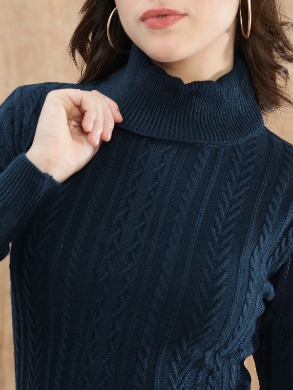Globus Women Blue Turtle Neck Long Sleeves Self Design Ribbed Hem Mini Bodycon Winterwear Dress