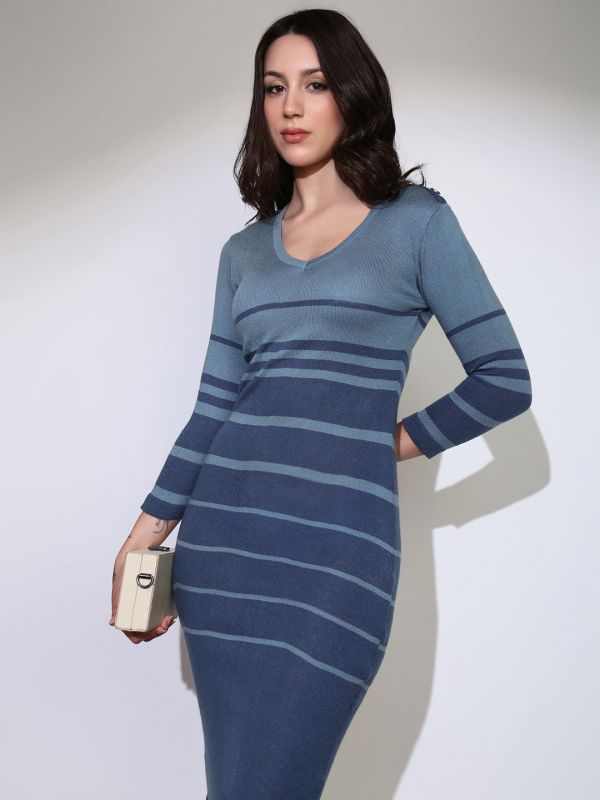 Globus Women Blue V-Neck Self Design Acrylic Midi Bodycon Dress 