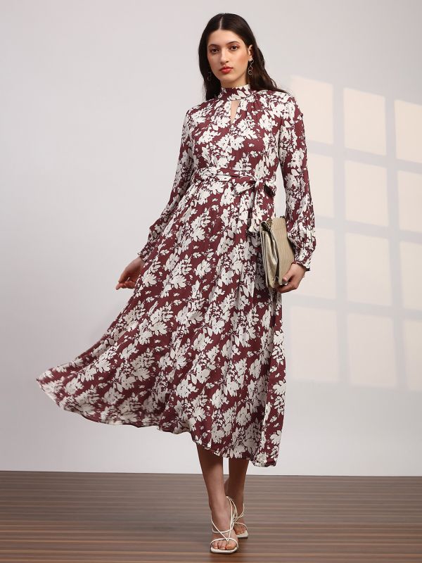 Globus Women Red Allover Floral Print High Neck Bishop Sleeves Belted Fit & Flare Midi Dress