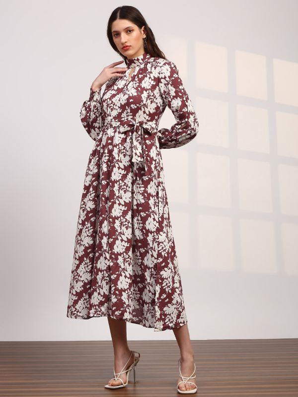 Globus Women Red Allover Floral Print High Neck Bishop Sleeves Belted Fit & Flare Midi Dress