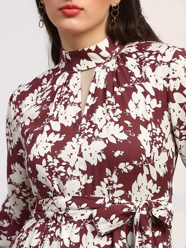 Globus Women Red Allover Floral Print High Neck Bishop Sleeves Belted Fit & Flare Midi Dress