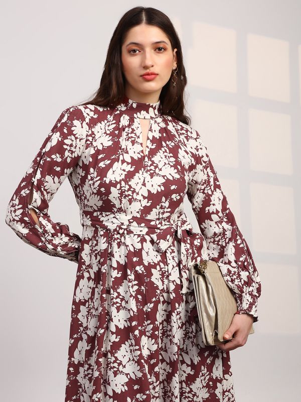 Globus Women Red Allover Floral Print High Neck Bishop Sleeves Belted Fit & Flare Midi Dress