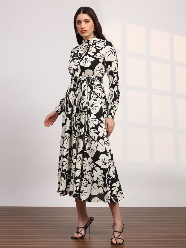 Globus Women Black Allover Floral Print High Neck Bishop Sleeves Belted Fit & Flare Midi Dress