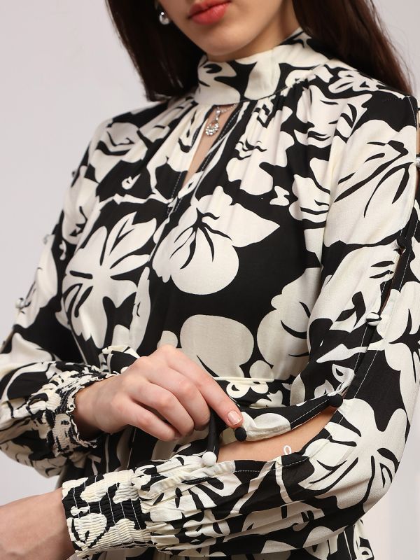 Globus Women Black Allover Floral Print High Neck Bishop Sleeves Belted Fit & Flare Midi Dress