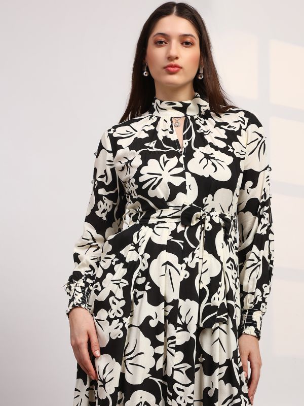 Globus Women Black Allover Floral Print High Neck Bishop Sleeves Belted Fit & Flare Midi Dress
