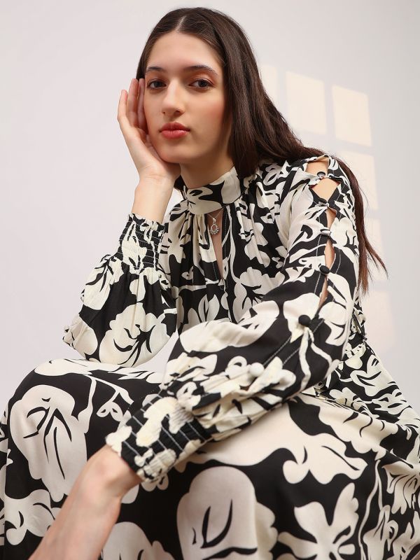 Globus Women Black Allover Floral Print High Neck Bishop Sleeves Belted Fit & Flare Midi Dress