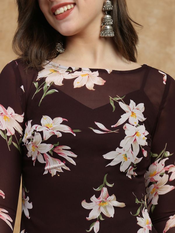 Globus Women Mauve Boat Neck Long Sleeves Floral Print Semi Sheer Midi A-Line Party Dress