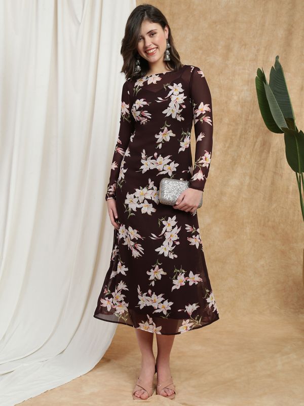 Globus Women Mauve Boat Neck Long Sleeves Floral Print Semi Sheer Midi A-Line Party Dress