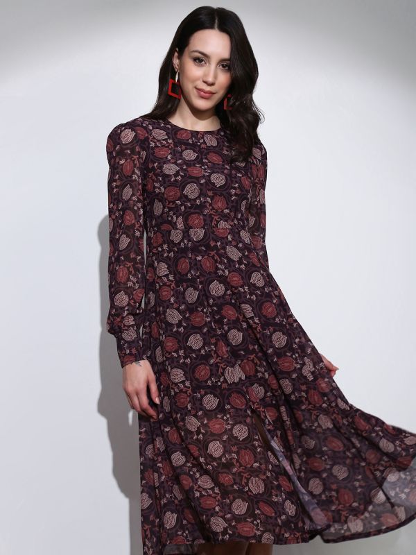 Globus Women Brown Floral Print Round Neck Cuffed Sleeve Side Slits Fit & Flared Midi Dress