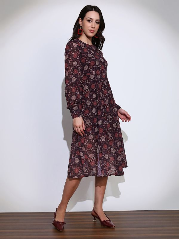 Globus Women Brown Floral Print Round Neck Cuffed Sleeve Side Slits Fit & Flared Midi Dress