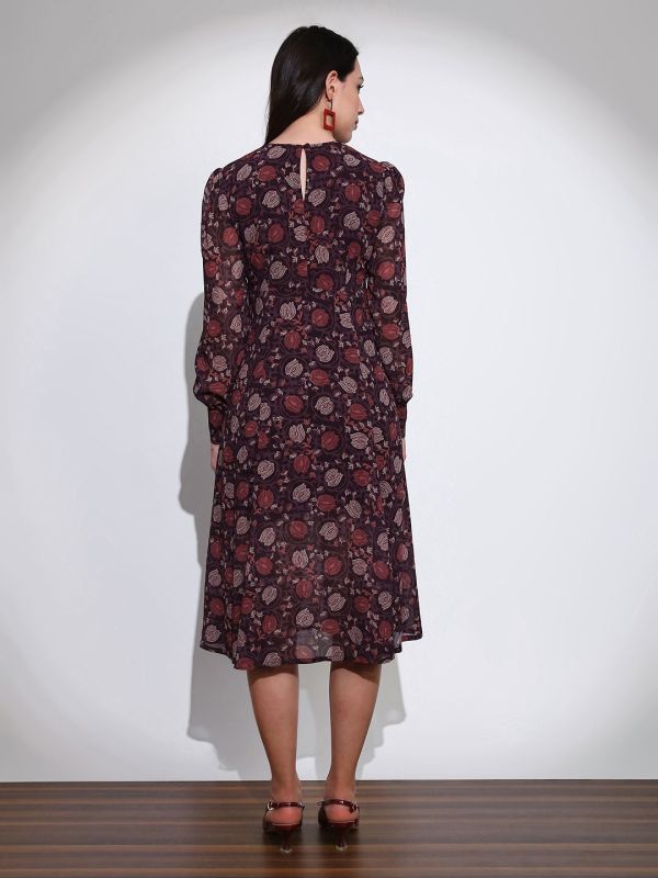 Globus Women Brown Floral Print Round Neck Cuffed Sleeve Side Slits Fit & Flared Midi Dress