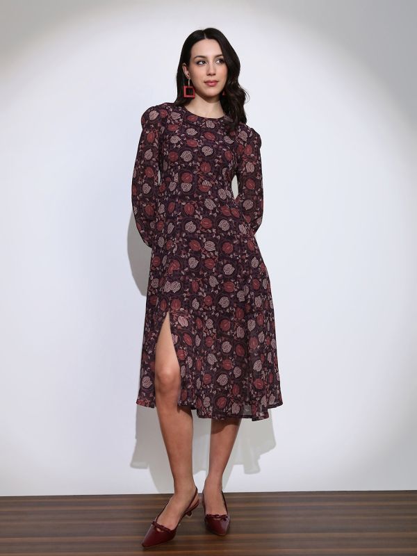 Globus Women Brown Floral Print Round Neck Cuffed Sleeve Side Slits Fit & Flared Midi Dress