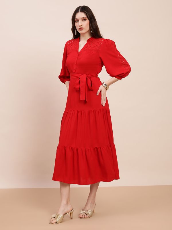 Globus Women Red V-Neck Bishop Sleeves Solid Schiffli Detail Tiered Midi A-Line Party Dress With Belt
