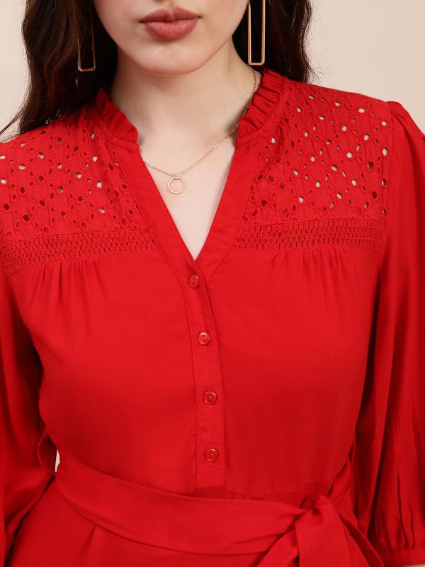 Globus Women Red V-Neck Bishop Sleeves Solid Schiffli Detail Tiered Midi A-Line Party Dress With Belt