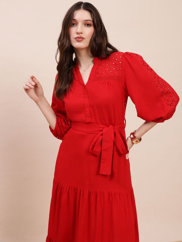 Globus Women Red V-Neck Bishop Sleeves Solid Schiffli Detail Tiered Midi A-Line Party Dress With Belt