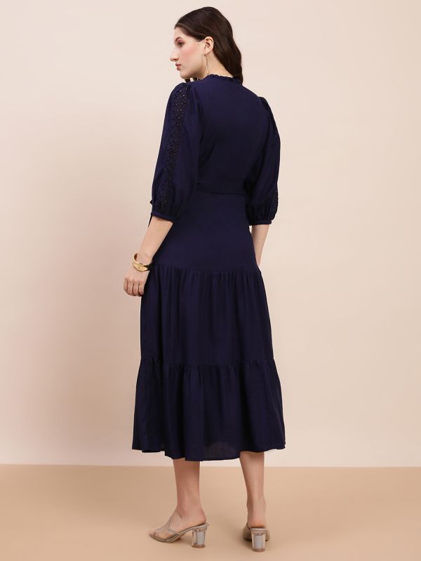 Globus Women Blue V-Neck Bishop Sleeves Solid Schiffli Detail Tiered Midi A-Line Party Dress With Belt