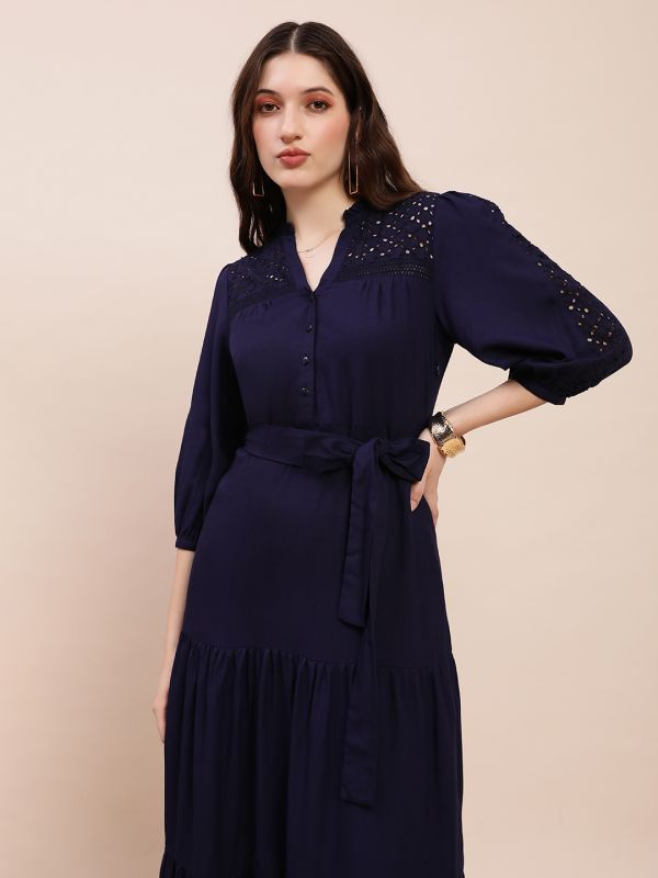 Globus Women Blue V-Neck Bishop Sleeves Solid Schiffli Detail Tiered Midi A-Line Party Dress With Belt