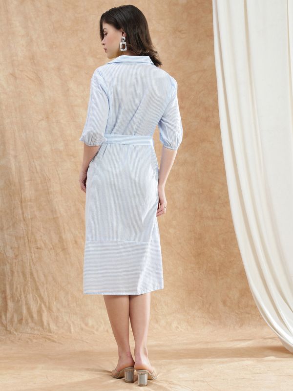Globus Women Blue Collared Neck Puff Sleeves Striped Midi Workwear Shirt Dress With Belt