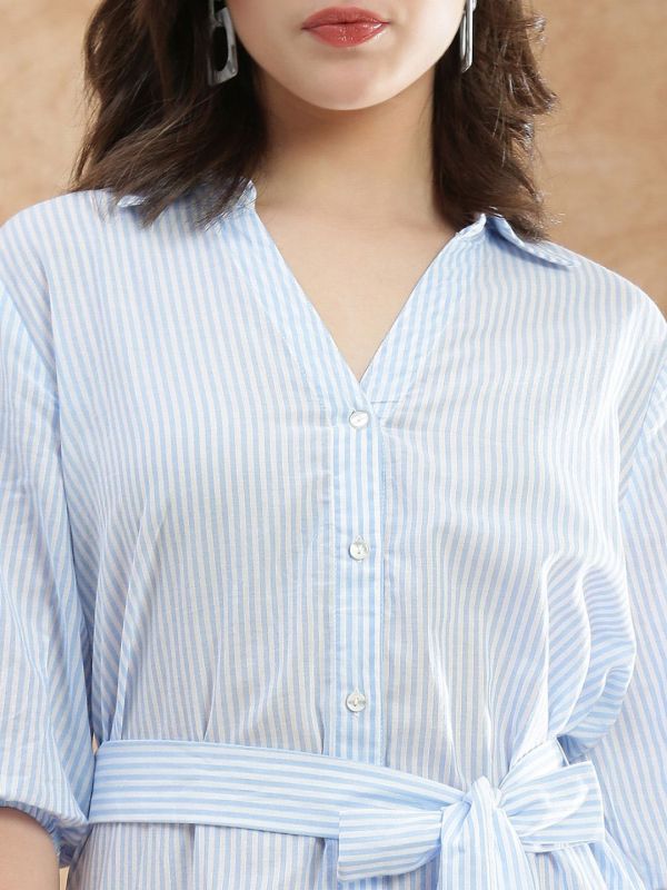 Globus Women Blue Collared Neck Puff Sleeves Striped Midi Workwear Shirt Dress With Belt