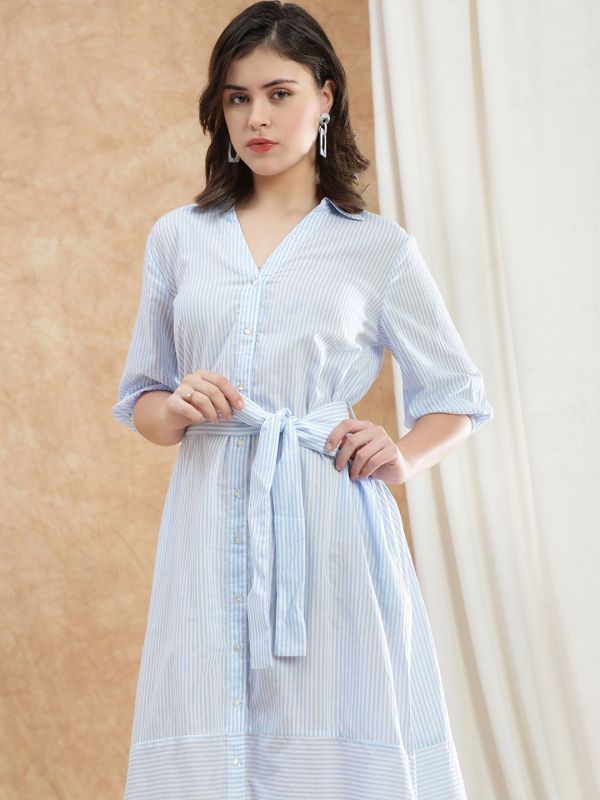 Globus Women Blue Collared Neck Puff Sleeves Striped Midi Workwear Shirt Dress With Belt