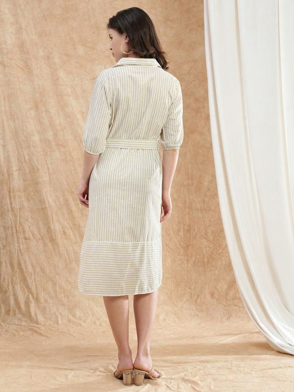 Globus Women Brown Collared Neck Puff Sleeves Striped Midi Workwear Shirt Dress With Belt