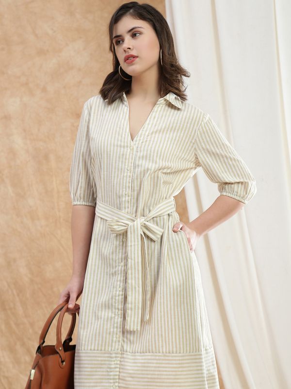 Globus Women Brown Collared Neck Puff Sleeves Striped Midi Workwear Shirt Dress With Belt