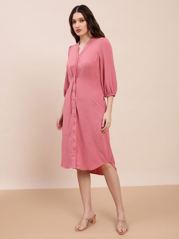 Globus Women Pink V-Neck Pleated Detail Bishop Sleeve Curved Hem Midi Shirt Style Dress