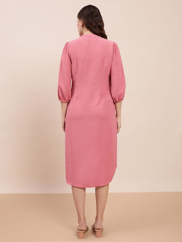 Globus Women Pink V-Neck Pleated Detail Bishop Sleeve Curved Hem Midi Shirt Style Dress