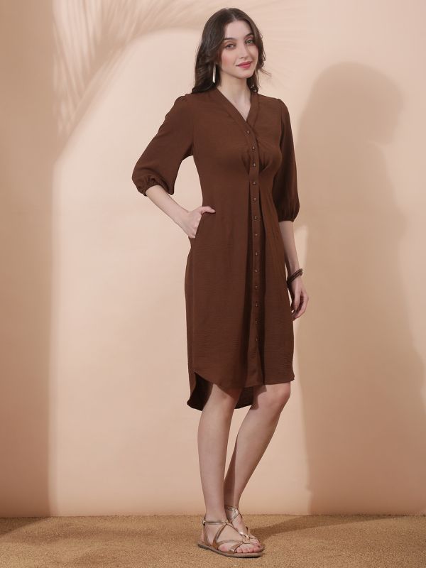 Globus Women Brown Self Design V-Neck Pleated Detail Midi Shirt Style Dress