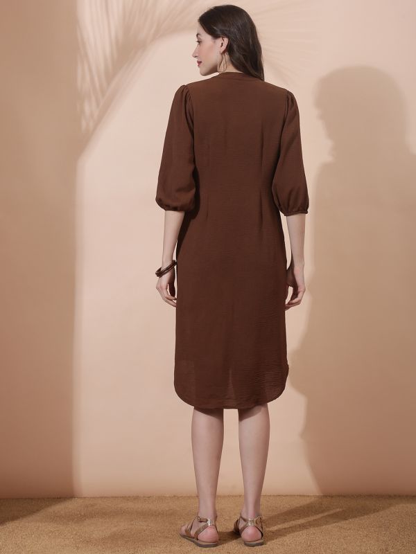 Globus Women Brown Self Design V-Neck Pleated Detail Midi Shirt Style Dress