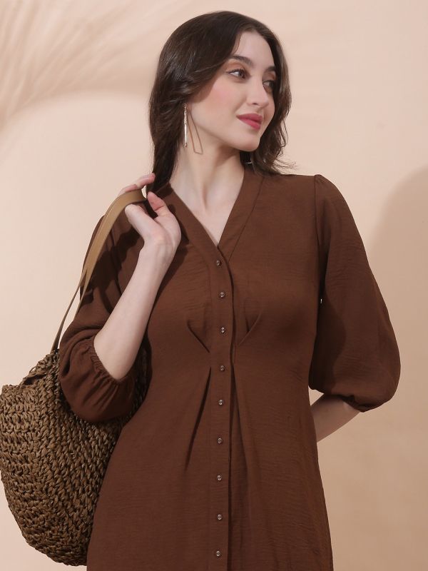 Globus Women Brown Self Design V-Neck Pleated Detail Midi Shirt Style Dress