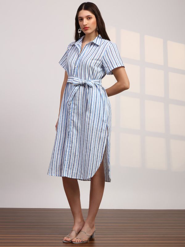 Globus Women Blue Stripes Printed Collared Neck Curved Hem Button-Down Belted Shirt Style Dress