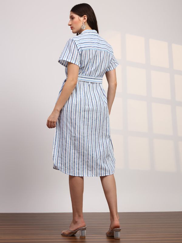 Globus Women Blue Stripes Printed Collared Neck Curved Hem Button-Down Belted Shirt Style Dress
