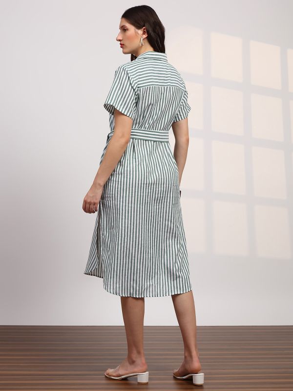 Globus Women Green Stripes Printed Collared Neck Curved Hem Button-Down Belted Shirt Style Dress