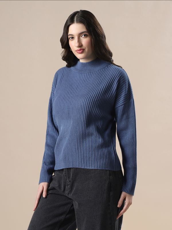 Globus Women Blue Self Design High Neck Drop Shoulder Long Sleeves Acrylic Knitted Pullover Sweater