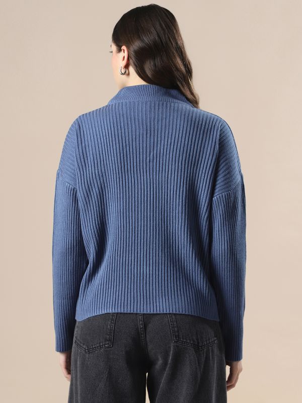 Globus Women Blue Self Design High Neck Drop Shoulder Long Sleeves Acrylic Knitted Pullover Sweater