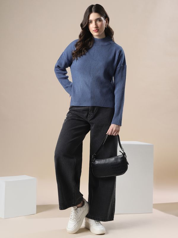 Globus Women Blue Self Design High Neck Drop Shoulder Long Sleeves Acrylic Knitted Pullover Sweater