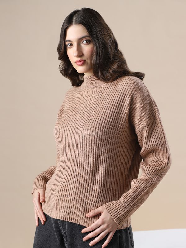 Globus Women Beige Self Design High Neck Drop Shoulder Long Sleeves Acrylic Knitted Pullover Sweater