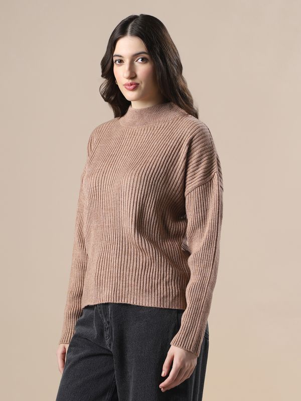 Globus Women Beige Self Design High Neck Drop Shoulder Long Sleeves Acrylic Knitted Pullover Sweater