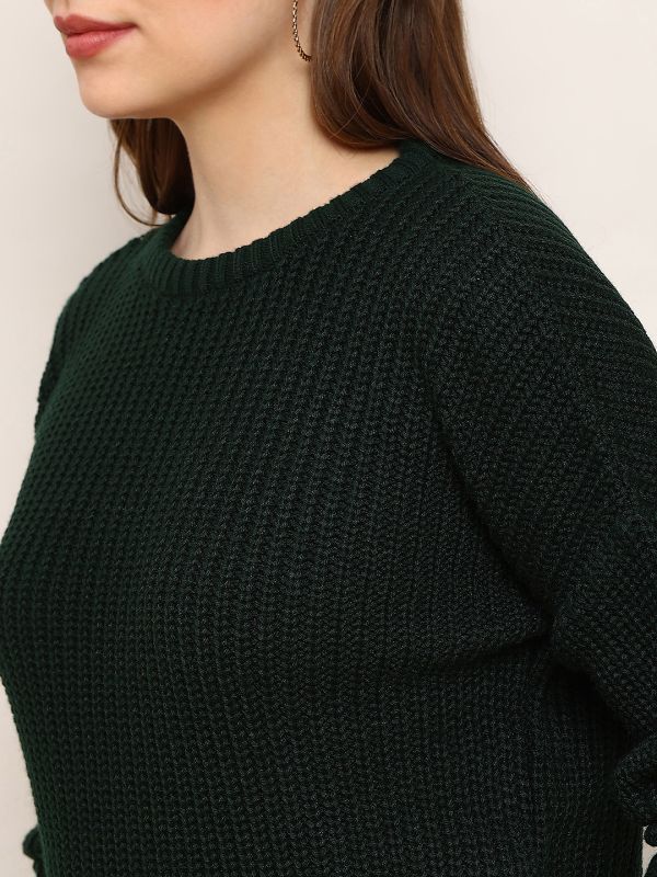 Globus Women Green Self Design Round Neck Drop Shoulder Long Sleeves Acrylic Knitted Pullover Sweater