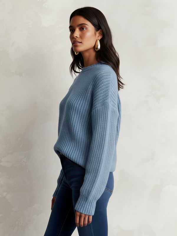 Globus Women Blue Round Neck Drop Shoulder Sleeves Self Design Cable Knit Pullover Sweater