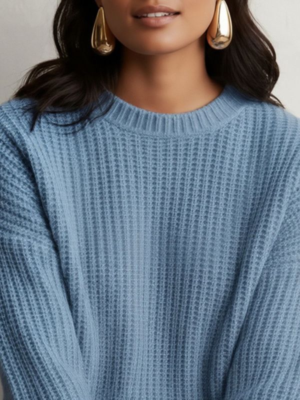 Globus Women Blue Round Neck Drop Shoulder Sleeves Self Design Cable Knit Pullover Sweater