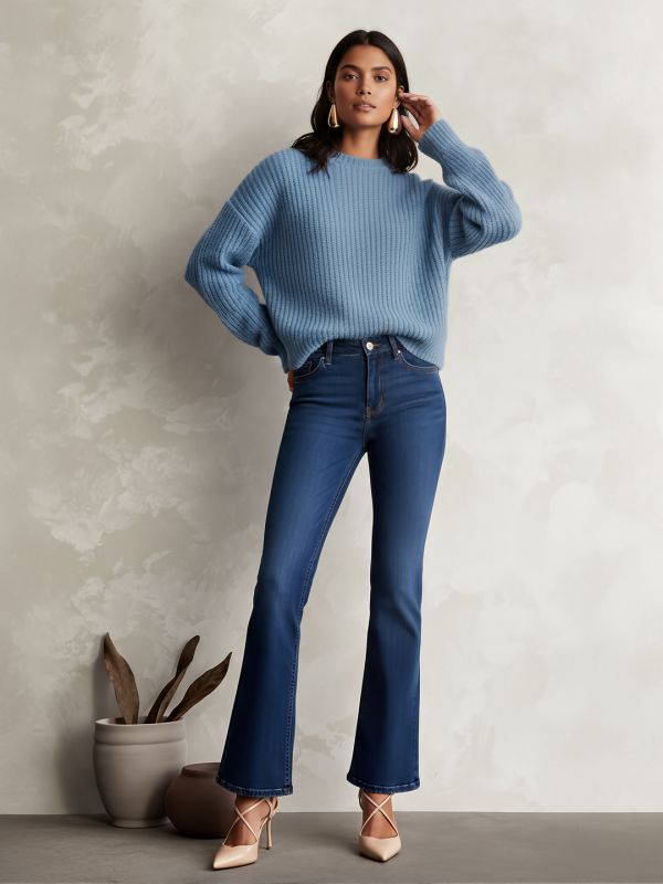 Globus Women Blue Round Neck Drop Shoulder Sleeves Self Design Cable Knit Pullover Sweater