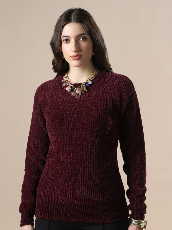 Globs Women Mauve Self Design Round Neck Drop Shoulder Long Sleeves Acrylic Knitted Pullover Sweater